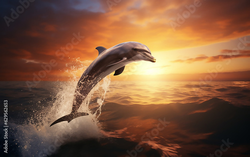 Dolphin jumping out of the water at sunset.  © Aleksandr