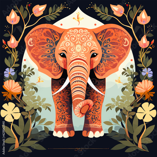 Beautiful Indian elephant decorated with ethnic ornaments painted on its body. Big festive animal prepared for a celebration and standing in a garden