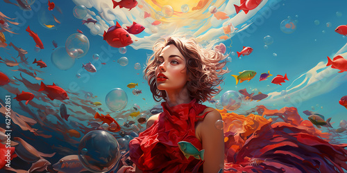 Pretty young woman in a red dress surrounded by fish in an underwater world. Dreamy portrait of a fashionable lady under water. Girl drowning in the sea. AI-generated illustration