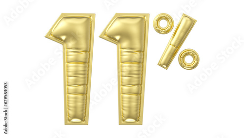 11 percent discount. Gold glossy balloon in the shape of a number. 3D rendering