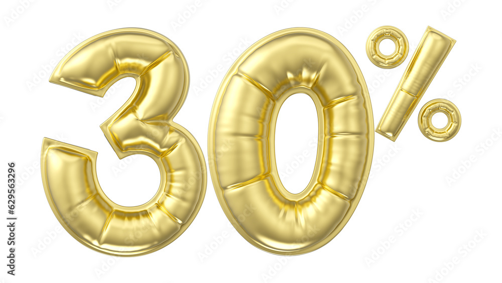 30 percent discount. Gold glossy balloon in the shape of a number. 3D rendering 30 percent discount. Gold glossy balloon in the shape of a number. 3D rendering