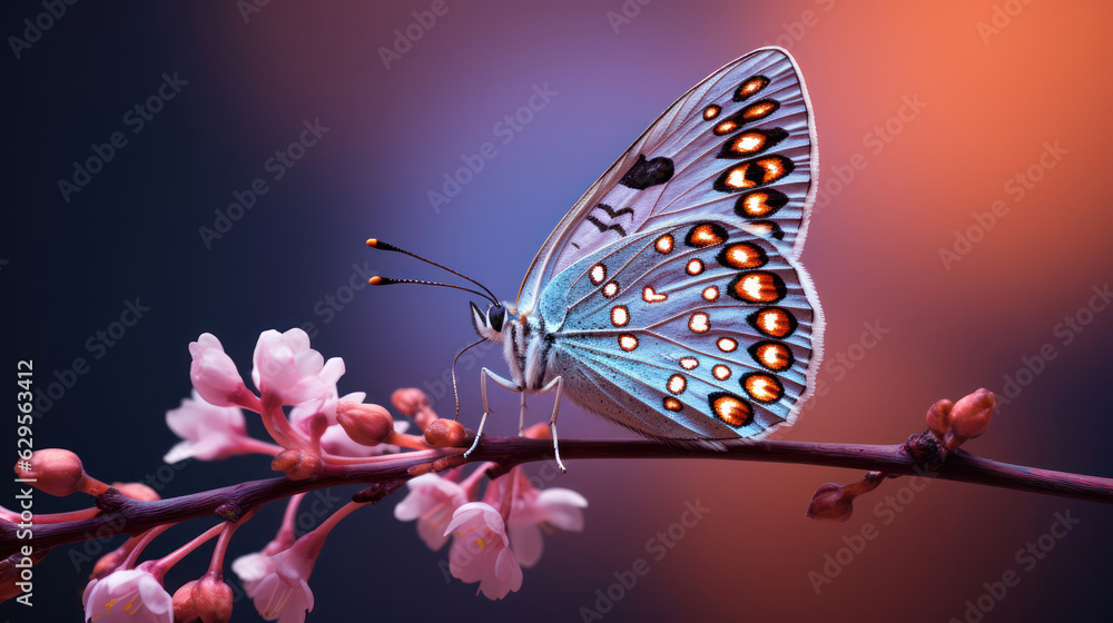 Obraz premium A butterfly on a stem of pale pink flowers 