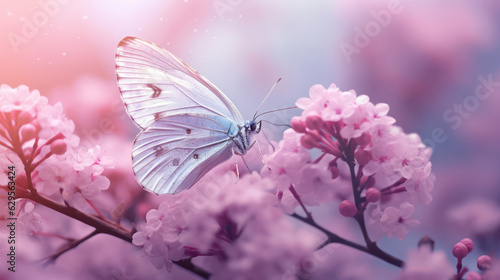 A butterfly on a stem of pale pink flowers  © tashechka