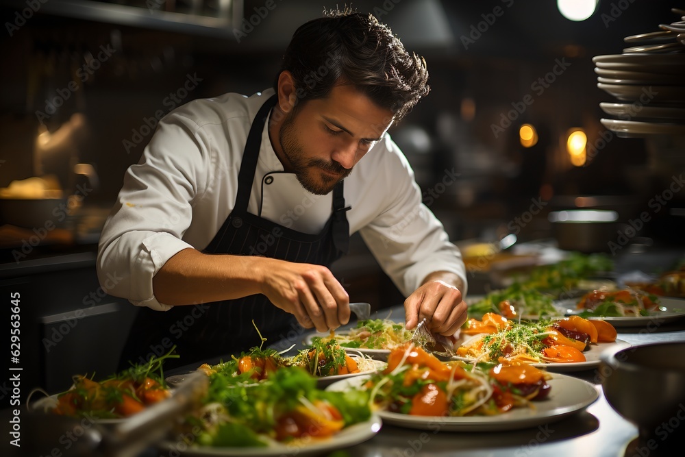 A chef prepares food in a restaurant, generative ai