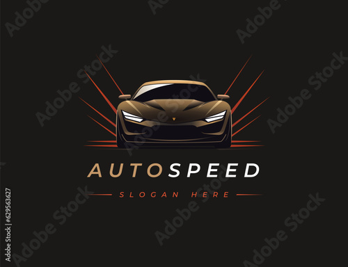 Front view sports car logo illustration on dark background. Sports luxury car icon. Motor sport vehicle emblem. Automotive showroom garage sign. Vector illustration