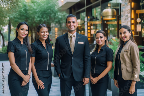 Advertising portrait shot of a hotel staff team together in front of the entrance of the luxury hotel . Generative Ai
