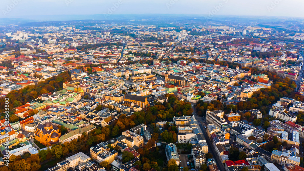 Obraz premium View over town with historic market square, Krakow, Poland, Europe. Krakow Market Square from above, aerial view of old city center view in Krakow. 