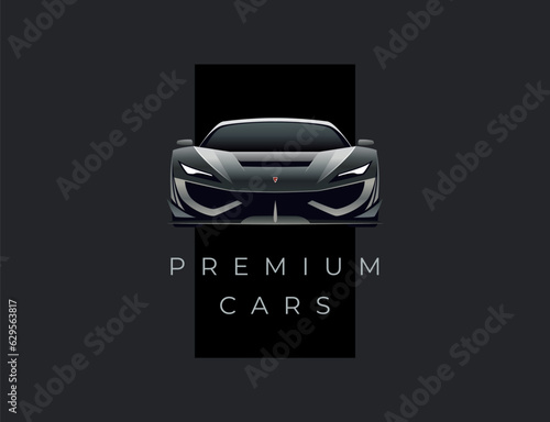 Auto car premium dealer logo emblem design. Sports luxury car icon. Motor vehicle dealership badge. Automotive showroom garage sign. Car front view on dark background
