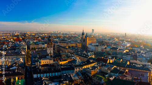 View over town with historic market square, Krakow, Poland, Europe. Krakow Market Square from above, aerial view of old city center view in Krakow.  © Strikernia