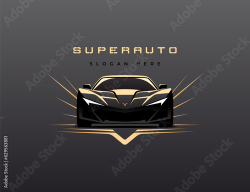 Front view sports car logo illustration on dark background. Sports luxury car icon. Motor sport vehicle emblem. Automotive showroom garage sign. Vector illustratio