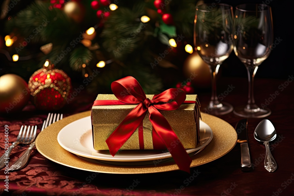 Christmas festive table setting with gift, red decoration and evergreen branches on dark background. Xmas dinner. Generative AI. Christmas festive table setting with gift, red decoration and evergreen branches on dark background. Xmas dinner. Generative AI.
