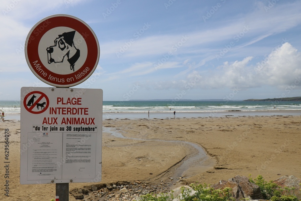 Panneau interdisant l'accès de la plage aux animaux sur la plage le long de l'océan atlantique, ville de Saint Nic, departement du Finistere, France