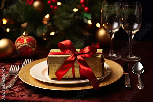 Christmas festive table setting with gift, red decoration and evergreen branches on dark background. Xmas dinner. Generative AI.