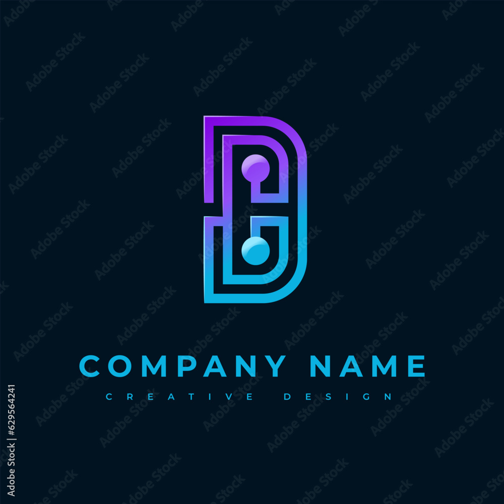 Modern Logo B Letter Initial And Fiber Optic Cable. Vector Design Template. Icon blue and purple gradient circuit board line. Sign used for technology, engineering, network. Electronic components