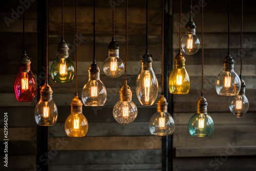 Group of hanging light bulbs in front of a wooden wall. The light bulbs are of different colors and shapes, hanging from black cords, and are turned on, emitting a warm glow