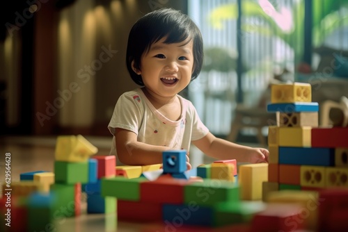 Illustration of a young child playing inside an apartment - Portrait created with Generative Ai