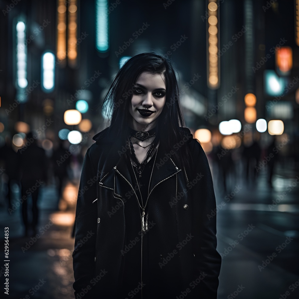 Goth girl smiling in the streets. Goth girl smiling in the streets.