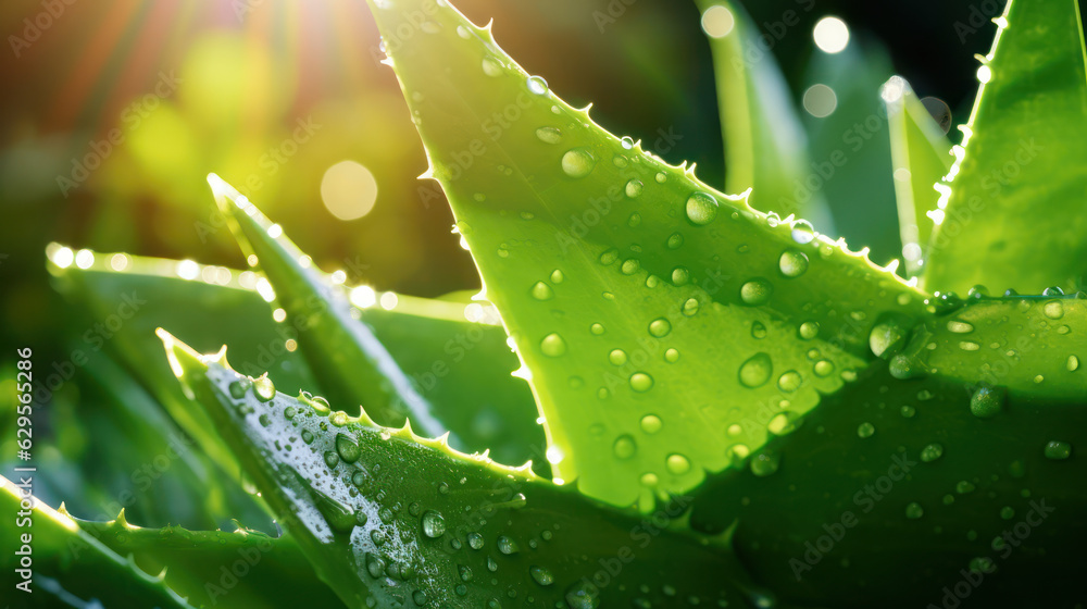 Aloe vera, water drops, marketing concept In a breathtaking natural setting, a vibrant plant stands tall, glistening with dewdrops, showcasing its lush green leaves Aloe vera, water drops, marketing concept In a breathtaking natural setting, a vibrant plant stands tall, glistening with dewdrops, showcasing its lush green leaves