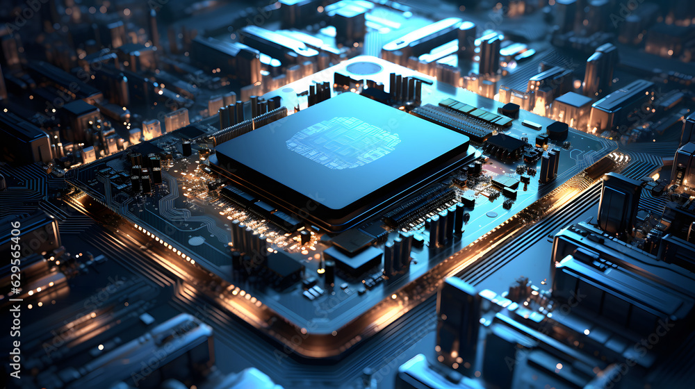 Central Computer Processors CPU concept. Motherboard digital chip. Technology science background. Integrated communication processor. 3D illustration generativ ai