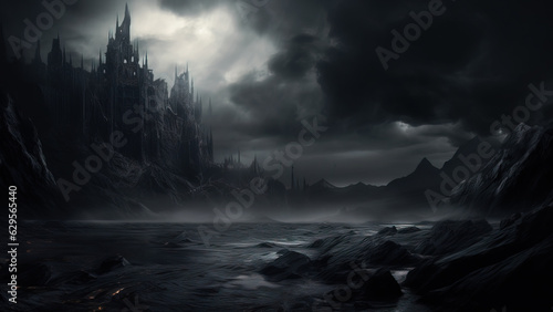 The background for a scary fairy tale background, a dark gothic castle in a dark dead valley, moonlight, some gray place in a gloomy mountain region.