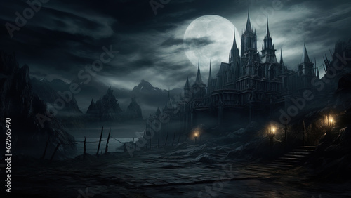 The background for a scary fairy tale background, a dark gothic castle in a dark dead valley, moonlight, some gray place in a gloomy mountain region.