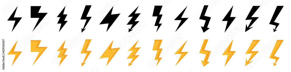 Thunder lightning icon collection. Black and orange thunderbolt icons. Vector lightning icons Thunder lightning icon collection. Black and orange thunderbolt icons. Vector lightning icons