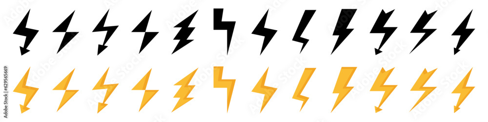 Thunder lightning icon collection. Black and orange thunderbolt icons. Vector lightning icons Thunder lightning icon collection. Black and orange thunderbolt icons. Vector lightning icons