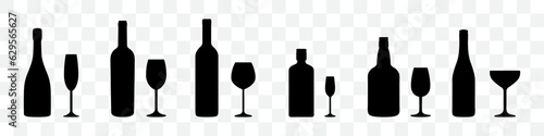 Alcohol bottle and glasses silhouette collection. Black alcohol drinks icon