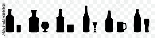 Alcohol bottle and glasses silhouette collection. Black alcohol drinks icon