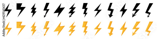 Thunder lightning icon collection. Black and orange thunderbolt icons. Vector lightning icons