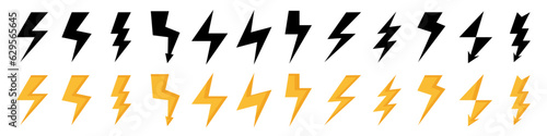 Thunder lightning icon collection. Black and orange thunderbolt icons. Vector lightning icons