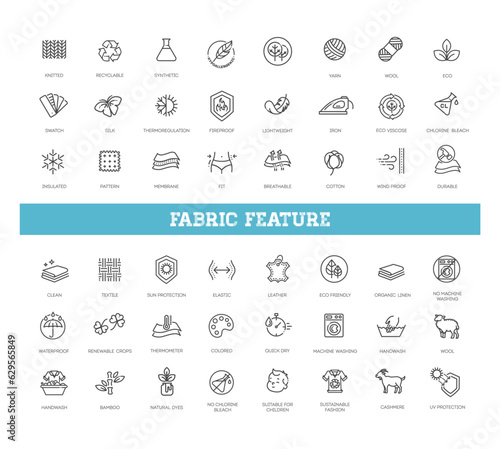 Set of fabric features icons. Line art style icons bundle. vector illustration
