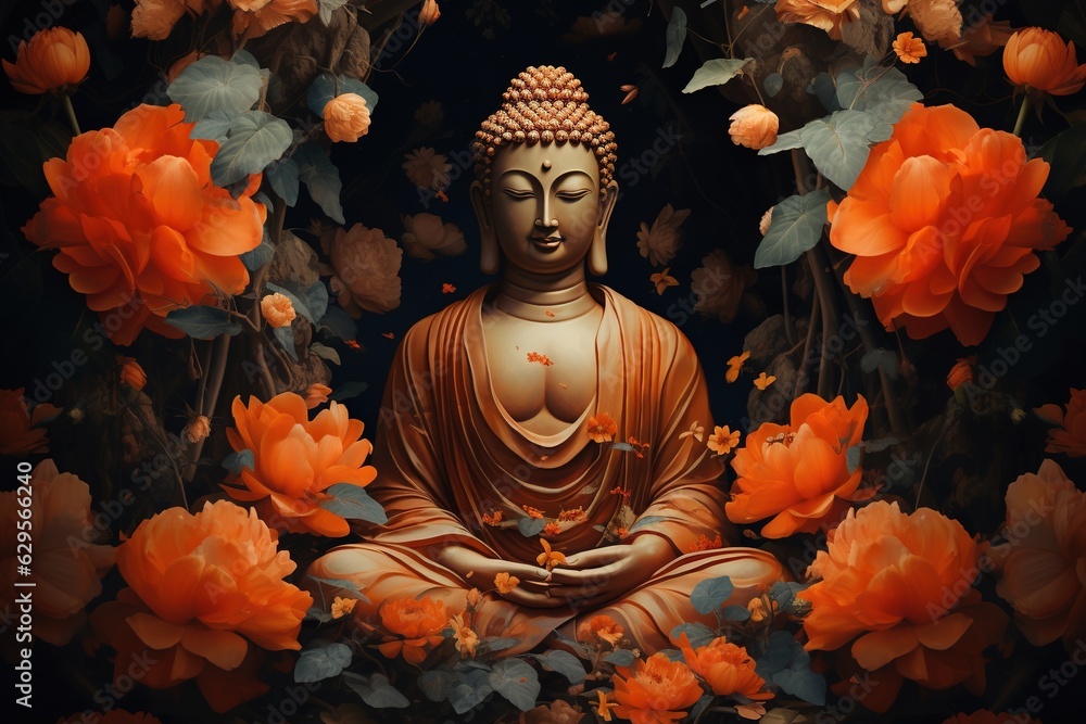 Buddha statue surrounded by orange flowers on a black background.Generative Ai