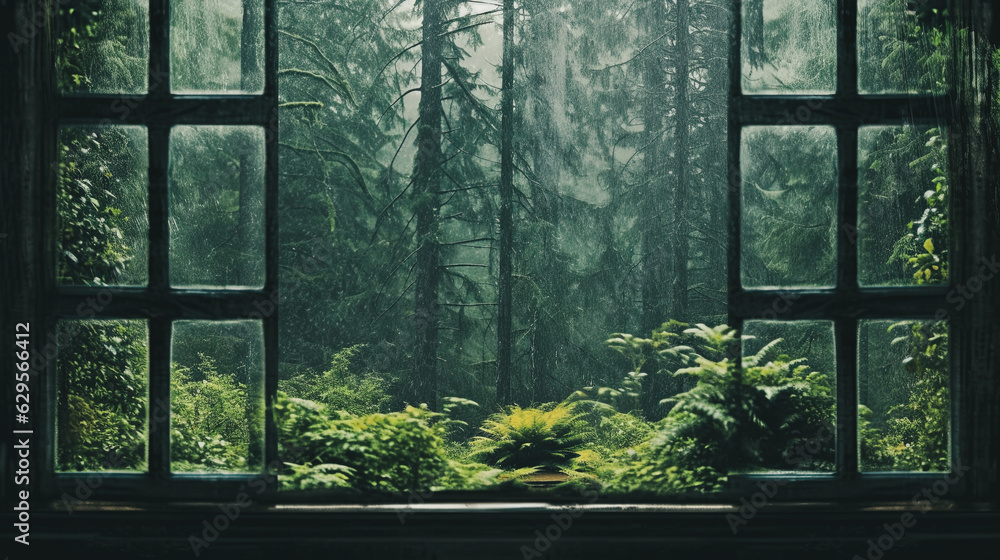 misty morning in Green forest, Looking out a window on a rainy day, background is a Green forest , Generative AI