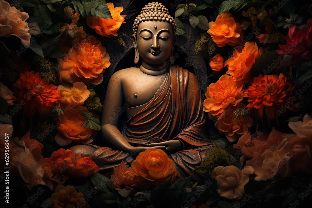Buddha statue surrounded by orange flowers on a black background.Generative Ai