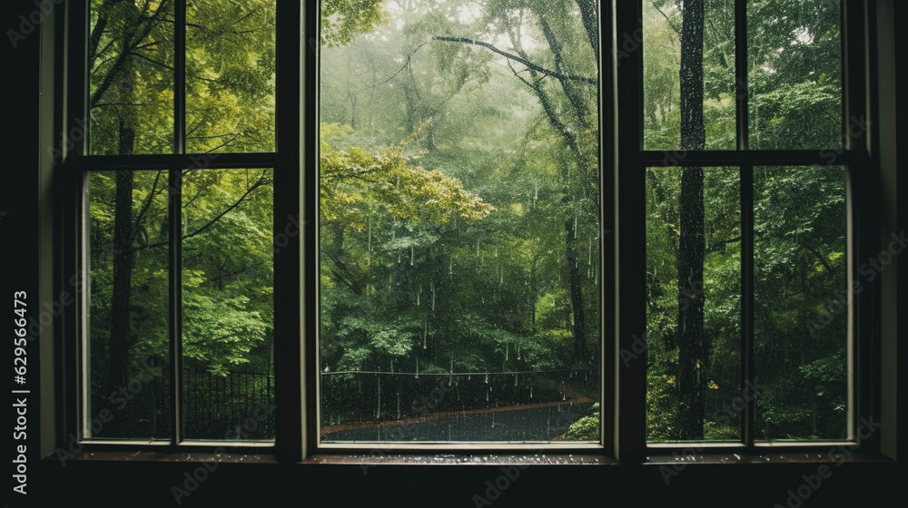 misty morning in Green forest, Looking out a window on a rainy day, background is a Green forest , Generative AI misty morning in Green forest, Looking out a window on a rainy day, background is a Green forest , Generative AI