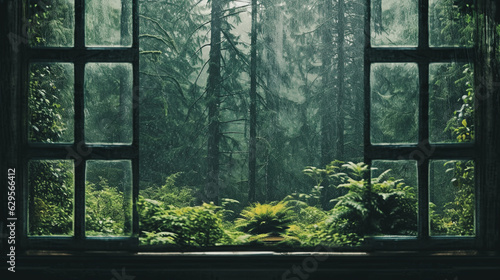 misty morning in Green forest  Looking out a window on a rainy day  background is a Green forest   Generative AI
