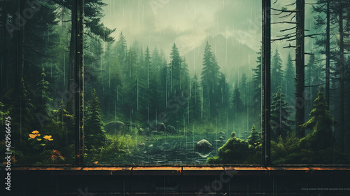 misty morning in Green forest, Looking out a window on a rainy day, background is a Green forest , Generative AI