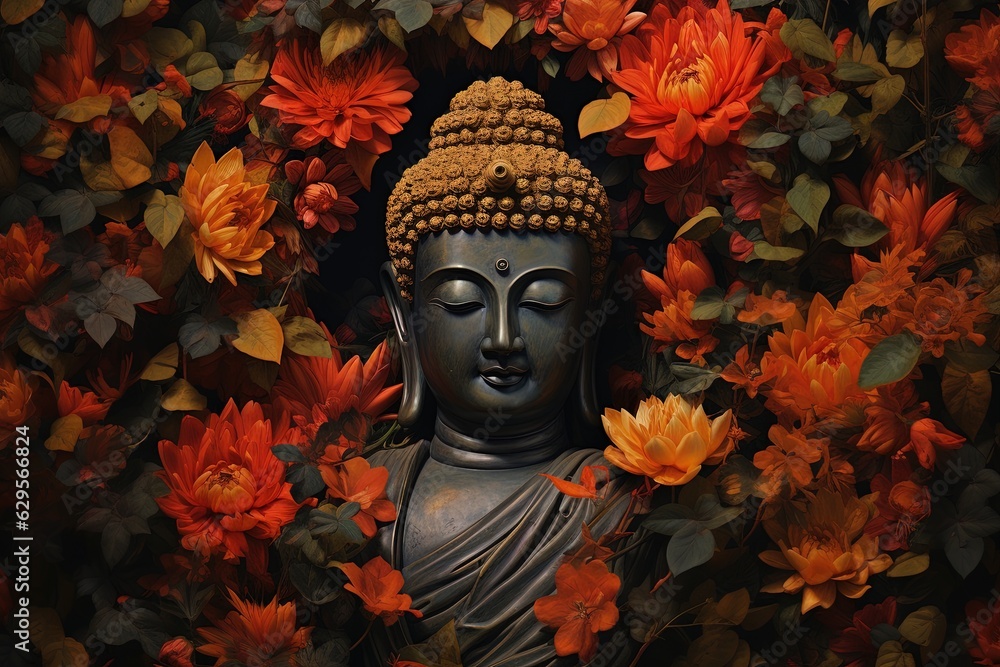 Buddha statue surrounded by orange flowers on a black background.Generative Ai