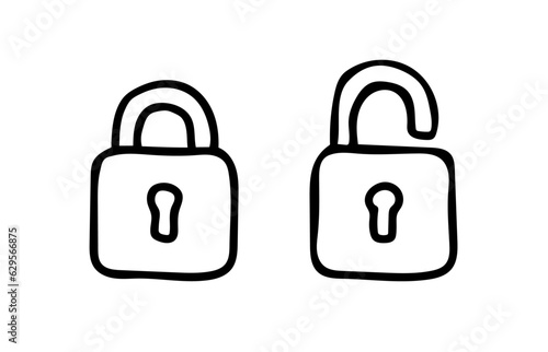 Lock security icons. Locked and unlocked padlock in hand drawn cartoon doodle style. Scribble outlined sketches (Full Vector)