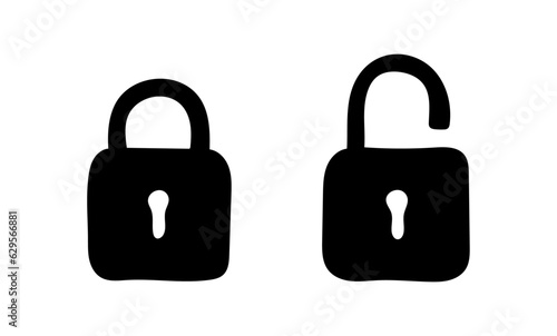 Lock security icons. Locked and unlocked padlock in hand drawn cartoon doodle style. Scribble filled sketches (Full Vector)