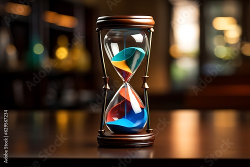Elegance in Flow: The Colorful Hourglass Adorning an Executive Table as a Symbol of Time Mastery