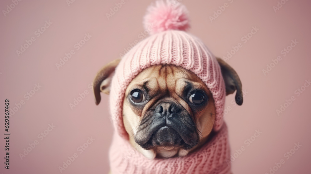 Close up photo scared dog in a pink knitted hat 