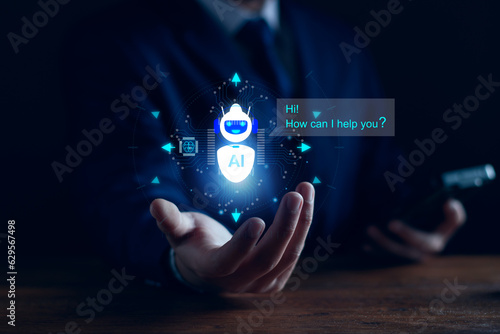 Chat bot concept. AI, Artificial Intelligence. businessman using technology smart robot chat AI, enter command prompt, Questions and Answers, analyze various data, Futuristic technology transformation photo