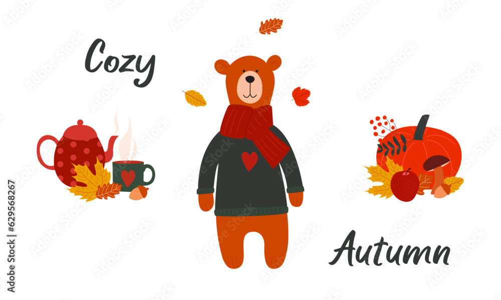 Fototapeta premium Autumn cute and cozy color isolated elements with hot tea, mushrooms, pumpkin, acorn, bear and autumn leaves. Vector flat illustration