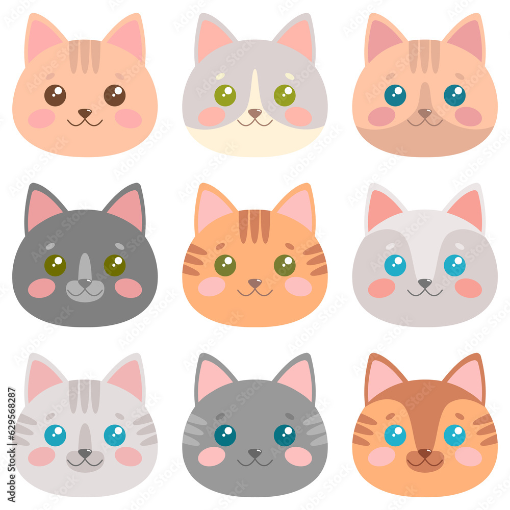 Cute cat faces set. Illustration on transparent background
