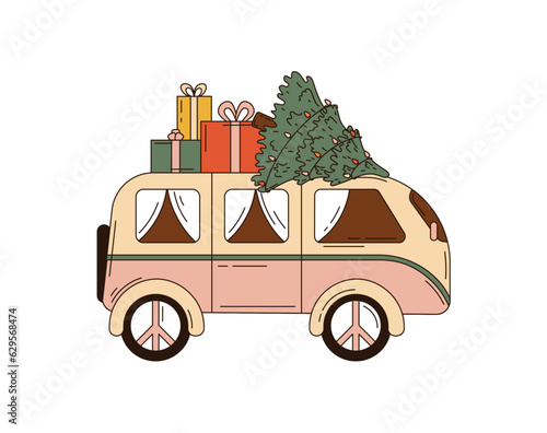 Hand drawn retro bus with Christmas tree and holiday gifts.   Winter decoration design.