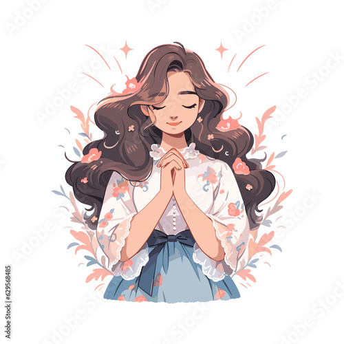 Christian female pray to God, feels grace. Woman in closed eyes praying hands together.