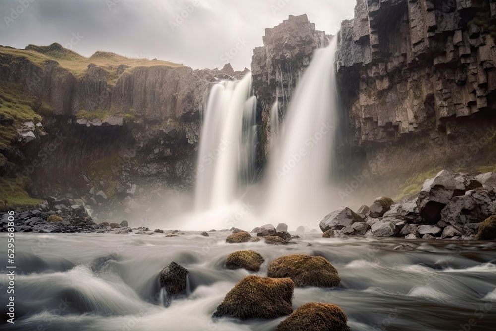 River and Lush Greenery in a Serene Landscape. Beautiful Waterfall Landscape River and Lush Greenery in a Serene Landscape. Beautiful Waterfall Landscape