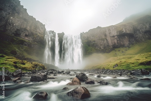 River and Lush Greenery in a Serene Landscape. Beautiful Waterfall Landscape